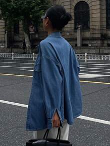 DAZY Vintage Washed Denim Long Sleeve Shirt - Blue - View 3