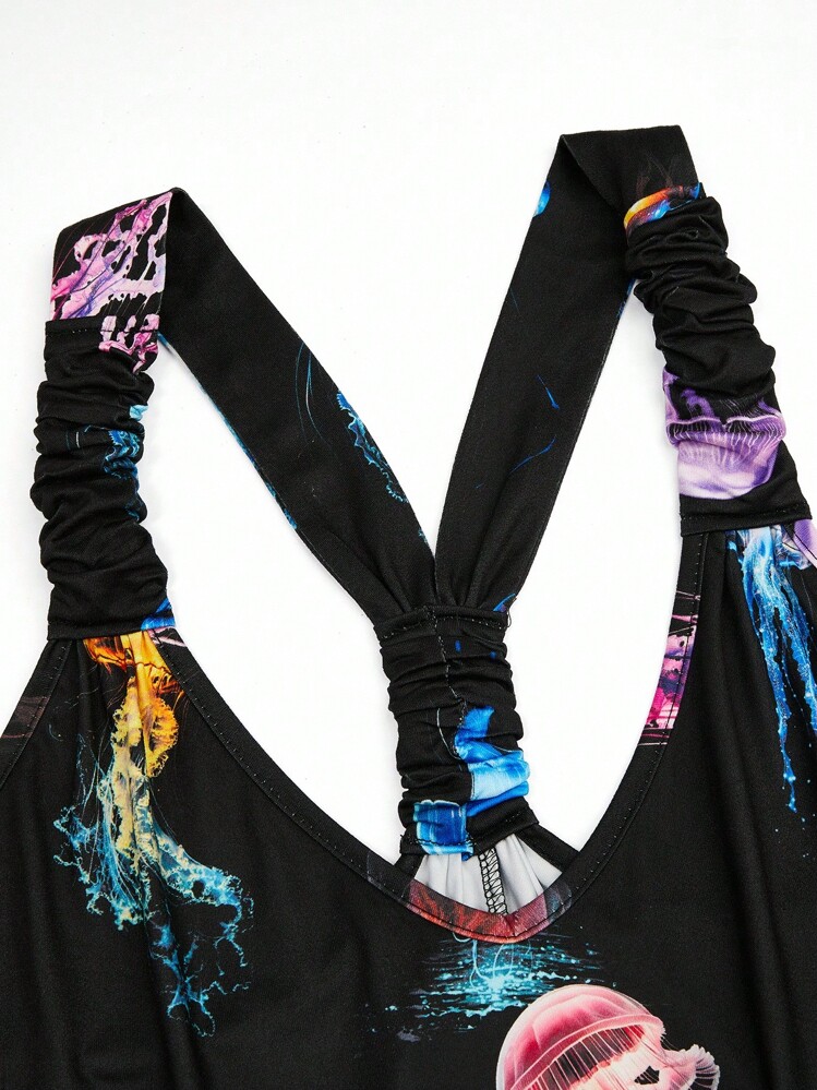 Sweetra Plus Size Women's Loose Fit Jellyfish Print Jumpsuit - Multicolor - View 3