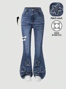 Tween Girl Denim Flare Jeans,High-Waisted Blue Flare Leg Pants With Embroidered Star Pattern,Casual Streetwear For School,Summer Campus Wear,Stretch - Dark Wash - View 8