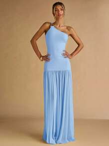 SHEIN BAE 女士杏色不对称肩部金属扣装饰紧身连衣裙，透明下摆，优雅 - 淺藍色 - 查看 5