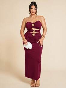 SHEIN BAE Große Größen Damen Schwarzes Metalldekor Ausschnitt-Kleid, Urlaub - Bordeaux - Übersicht 3