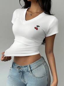 SHEIN EZwear 女式休闲简约樱桃刺绣徽章徽标图案 V 领褶皱 T 恤，适合夏季和秋季，返校季 - 彩色 - 查看 7