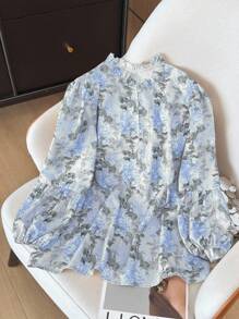 SHEIN Clasi 大码时尚休闲法式复古优雅通勤灯笼袖衬衫 - 藍色 - 查看 4