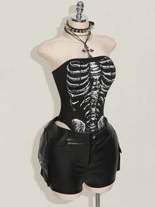 SHEIN ICON 女式骷髅印花吊带背心紧身衣 - 黑色 - 查看 5