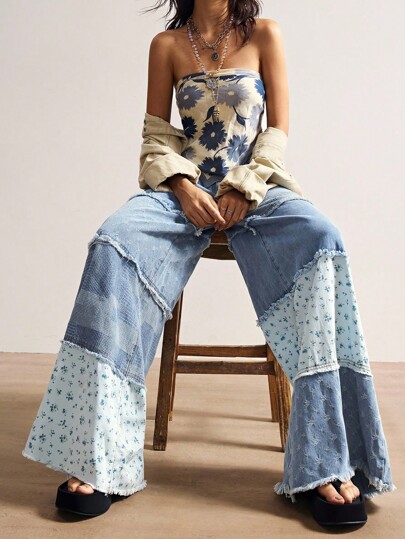 Bohemela Boho Countryside Vacation Style Casual Loose Patchwork Design Women Jeans Patchwork Jeans Wide Leg Jeans Flared Jeans Jeans With Designs Women Denim