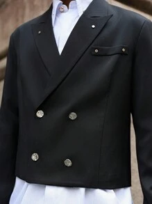 Manfinity EMRG Black Short Casual Blazer Jacket With Double-Breasted Metal Rivet Design, And Versatile, Great Gift For Boyfriend Or Husband , Cropped Blazer Men , Men Short Blazer , Double Breasted Blazer Men , - Black - View 3