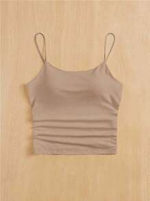 SHEIN PETITE Áo ba lỗ hở ngực bó sát cổ tròn thoáng khí cơ bản màu trắng dành cho nữ - Màu Khaki - Xem 9