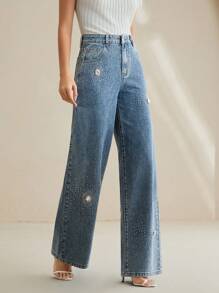 Anewsta 时尚女式水钻口袋休闲阔腿牛仔裤 - 藍色 - 查看 4