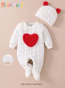 女婴冬季绗缝心形图案长袖连体衣（带帽子）连体睡衣套装 - 紅白色 - 查看 3