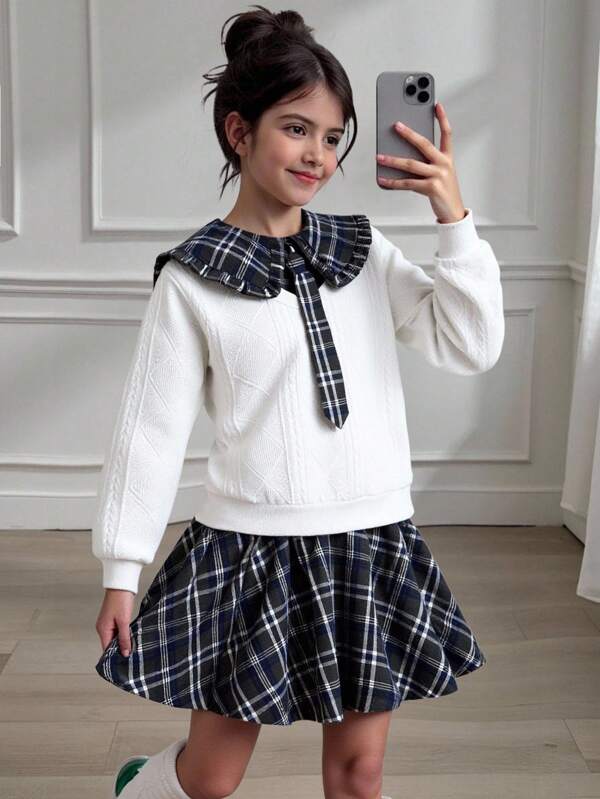 Tween Girl Plaid Patchwork Sweatshirt & Skirt Set