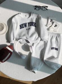 SHEIN 2pcs Baby Boy/Girl Casual Sports Grey Letter Print Long Sleeve Sweatshirt And Pants Tracksuit Set, Autumn/Winter Baby Sweat Outfits Baby Boy Sweat Set Baby Boy Clothes New York Fall
