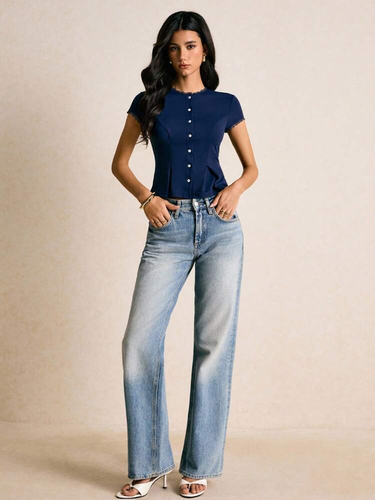 Poéselle 女式针织上衣纽扣闭合蕾丝花边女式圆领短袖单排扣时尚上衣，纯色夏季上衣夏装夏季女装外出上衣夏季 - 藏蓝色 - 查看 4