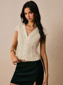 Women's Solid Color Casual V-Neck Short Sleeve Blouse - Apricot - View 5