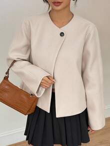 SHEIN PETITE Woolen Round Collar Short Coat Suitable For Autumn And Winter Cropped Blazer - Beige - View 4