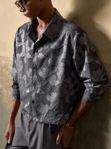 AKNOTIC Men's Gray-Blue Floral Jacquard Casual Loose Fit Long Sleeve Lapel Jacket, Suitable For Summer, Autumn, Vacation, Daily Matching, Party, Couple, Men's Gift