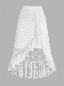 Sweetra 不对称荷叶边蕾丝美人鱼下摆甜美纯色半身裙