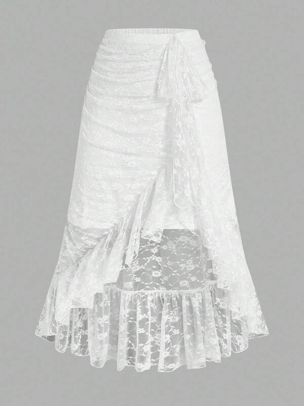 Sweetra Asymmetrical Ruffle Lace Mermaid Hem Sweet Solid Color Skirt