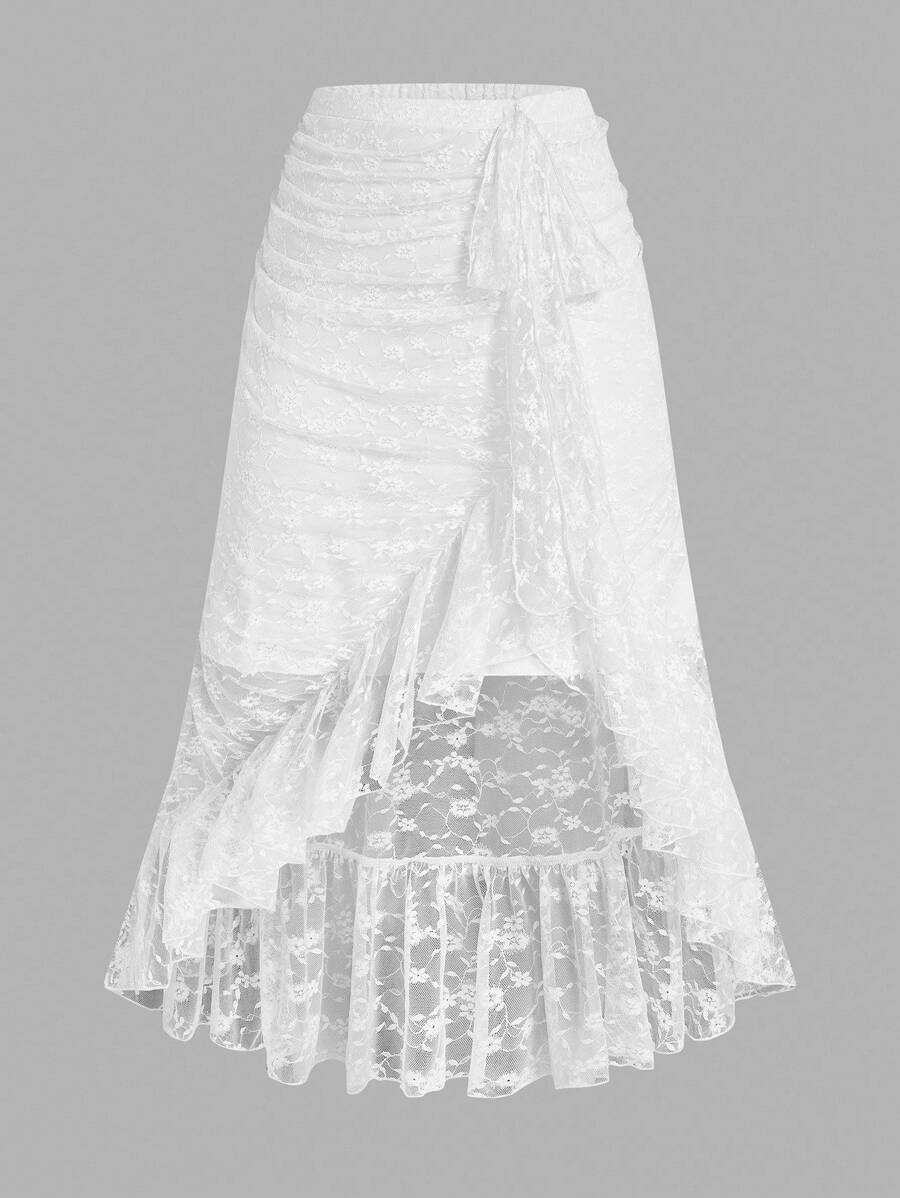 Sweetra 不对称荷叶边蕾丝美人鱼下摆甜美纯色半身裙