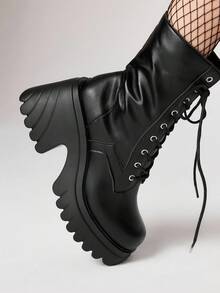 ROMWE Goth Women's Thick Sole Chunky Heel Casual Mid-Calf Boots, Versatile For Daily Wear - Black - View 3