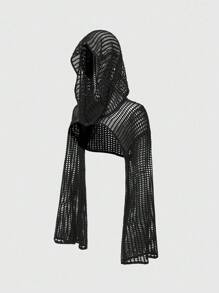 ROMWE Grunge Punk Women's Y2K Versatile Mesh Hollow Long Sleeve Hooded Sweater - Black - View 1