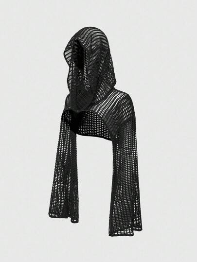 Grunge Punk Women's Y2K Versatile Mesh Hollow Long Sleeve Hooded Sweater