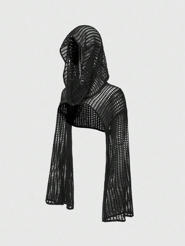 ROMWE Grunge Punk كنزة صوفية نسائية ذات كم طويل مع قبعة من الشبك المجوف متعددة الاستخدامات من طراز Y2K