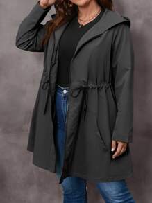 EMERY ROSE Jaket Kasual Wanita Ukuran Besar Lengan Panjang Warna Polos dengan Tali Serut di Pinggang dan Resleting Depan, Pakaian Musim Gugur untuk Wanita - Dark Grey - View 4