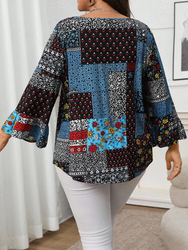 Plus Size Women's Fall Daily Casual Vacation Vintage Floral Print Round Neck 3/4 Sleeve Ruffle Cuff Floral Print Blouse Tops, Autumn, Fall Women Country Concert Boho Winter,Fall,Vintage,Going Out,2025 New