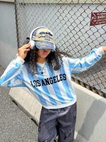 SHEIN Explorewe Streecool 儿童休闲校园风格青少年女孩秋冬舒适时尚运动别致字母和数字印花 V 领棒球夹克和宽松图案印花阔腿裤 2 件套