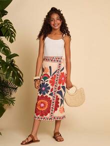 SHEIN Tween Girl Woven Vintage Floral Print A-Line Skirt
