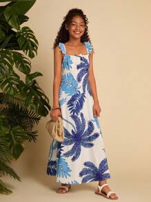 SHEIN Tween Girl Woven Leaf Pattern Square Neck Ruffle Hem Casual Dress - White - View 3