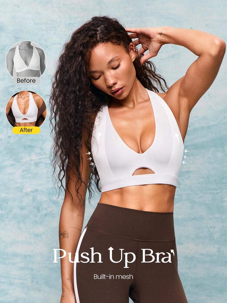 FeatherFit™-Sculpt Power Push-Up Soft Stretchy Compressive Removable Cups Mesh Straps Deep V-Neck Sports Bra High-Impact Running Jogging Training Gym Studio Daily Active Wear