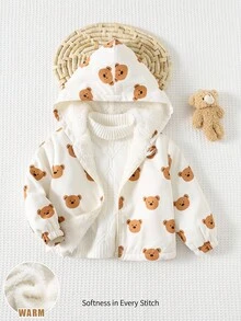 Cozy Pixies 男婴卡通熊图案连帽羊毛加厚外套