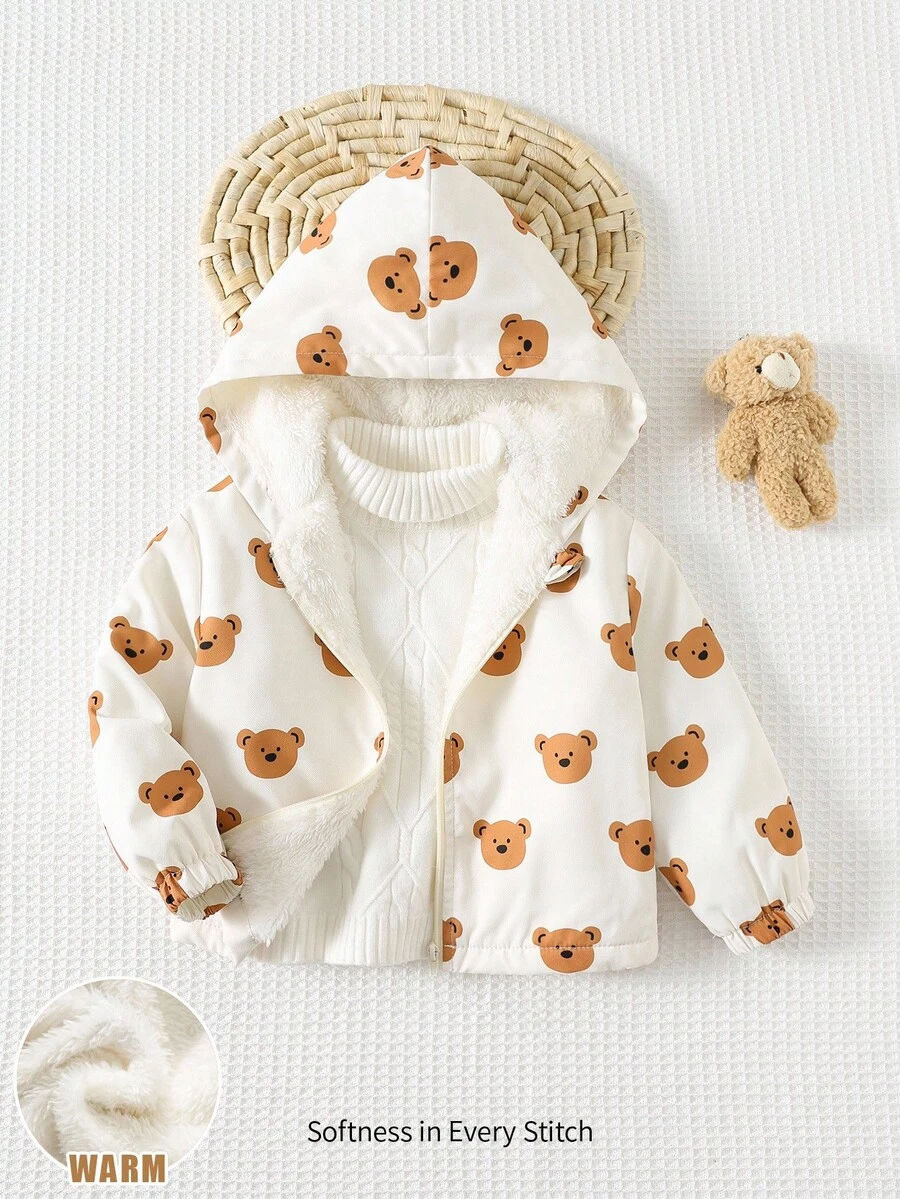 Cozy Pixies 男婴卡通熊图案连帽羊毛加厚外套