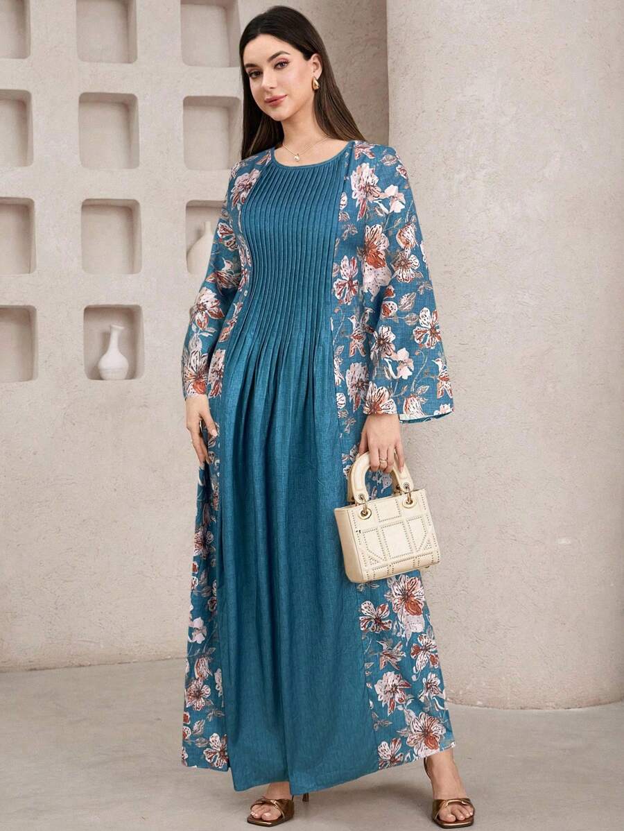 Al Najma Women's Floral Print Patchwork Pleated Dress - Green - View 1