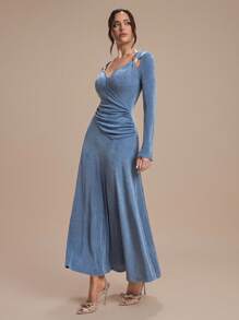 Modelyn Women's V-Neck Metal Buckle Asymmetrical Ruched Waist Elegant Versatile Daily Casual Party Dress,Fall Wedding Guest Dress,Fall Dresses For Women