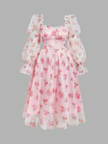 SHEIN MOD Große Größen Rosa Blumen Mesh Muster Schleife Akzent Langarm Party Kleid, romantischer Look, Geburtstagskleider, elegante Kleider für Partys, Geburtstagskleider für Frauen, Party