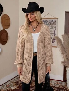 LanaWest Chunky Knit Drop Shoulder Cardigan,Long Sleeve Tops - Khaki - View 4