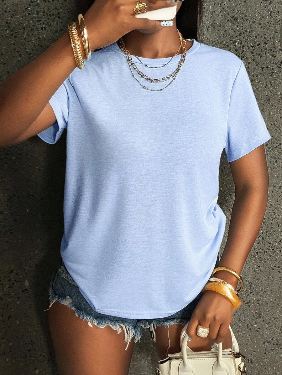 SHEIN Basic Solid Color Crew Neck Short Sleeve Casual Top - Baby Blue - View 1