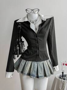 Elamini 黑色条纹亚麻面料撞色白领纽扣衬衫，复古优雅女士通勤休闲装，春秋季 - 黑色 - 查看 1