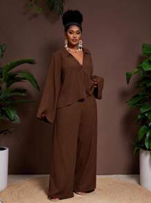 Veslaya 2025 New Spring/Fall Solid Color Jam Color V-Neck Solid Shirt With Flared Sleeves And Wide Leg Pants Set,Fall Clothes For Women - Brown - View 7
