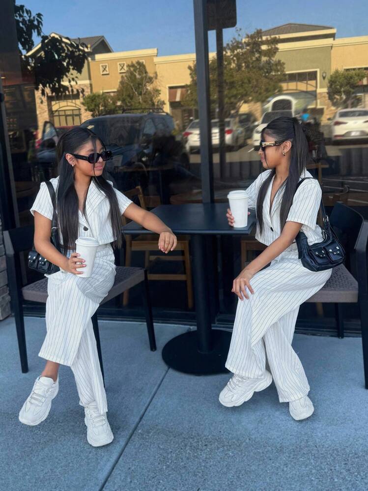 SHEIN Nova Glow Tween Girls Woven Solid Color Lapel Neck Short Sleeve Jacket And Straight-Leg Pants Casual Outfit Set - White - View 7