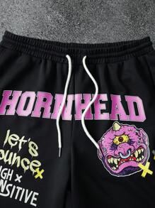 MADBALLS X SHEIN 男士休闲字母和卡通图案抽绳腰裤，秋季 - 黑色 - 查看 4
