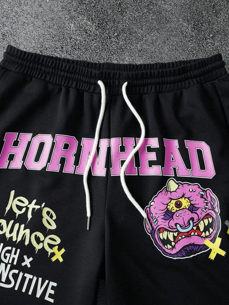 MADBALLS X SHEIN 男士休闲字母和卡通图案抽绳腰裤，秋季 - 黑色 - 查看 4