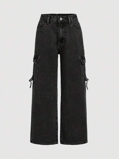 SHEIN Girlism Tween Girl Y2K Street Style Cool Wide-Leg Workwear Baggy Cargo Jeans With Stonewashed And Flap Pocket Side