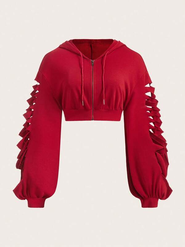 SHEIN EZwear Red Plus Size Women's Distressed Drop Shoulder Zip Front Sweatshirt Red Cropped Sweatshirt Red Sweatshirt Cropped Zip Up Sweatshirt With Cut Out Sleeves Winter Fall Autumn