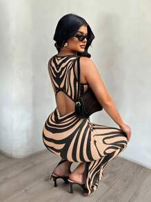 SHEIN SXY Đầm họa tiết ngựa vằn ôm sát gợi cảm thanh lịch dành cho nữ, hở lưng, thích hợp mặc khi đi chơi hàng ngày, hẹn hò, dự tiệc, sinh nhật - màu nâu - Xem 3