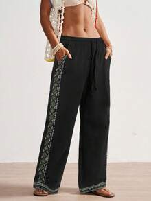 Bohemela 波西米亚风西式纯色梭织低腰宽松直筒女式水洗裤 - 黑色 - 查看 4