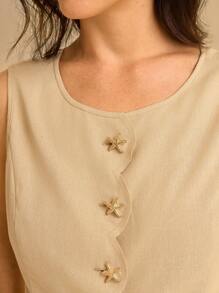 CAJUNI Blusa de mujer sin mangas con decoración de estrella de mar metálica en color albaricoque, top beige para mujer, top neutro para mujer, top con botones, top sin mangas para mujer, top casual de negocios para mujer, ropa de otoño para mujer - Caqui - Ver 7