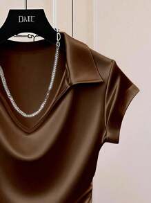 Franclia Women's Casual Solid Color Satin Shiny T-Shirt Maillard Style Summer Brown Clothes For University - Brown - View 4